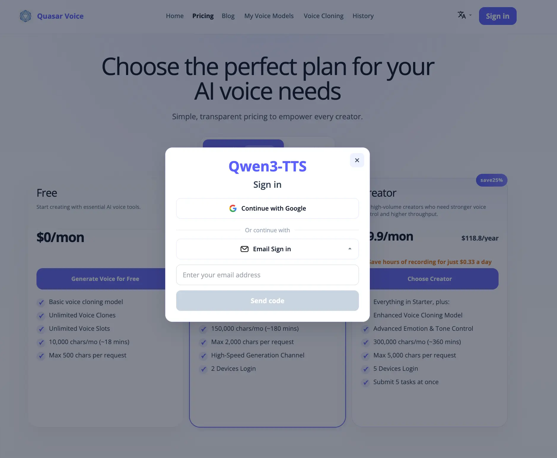 Quasar Voice registration page showing free plan with 10000 characters per month