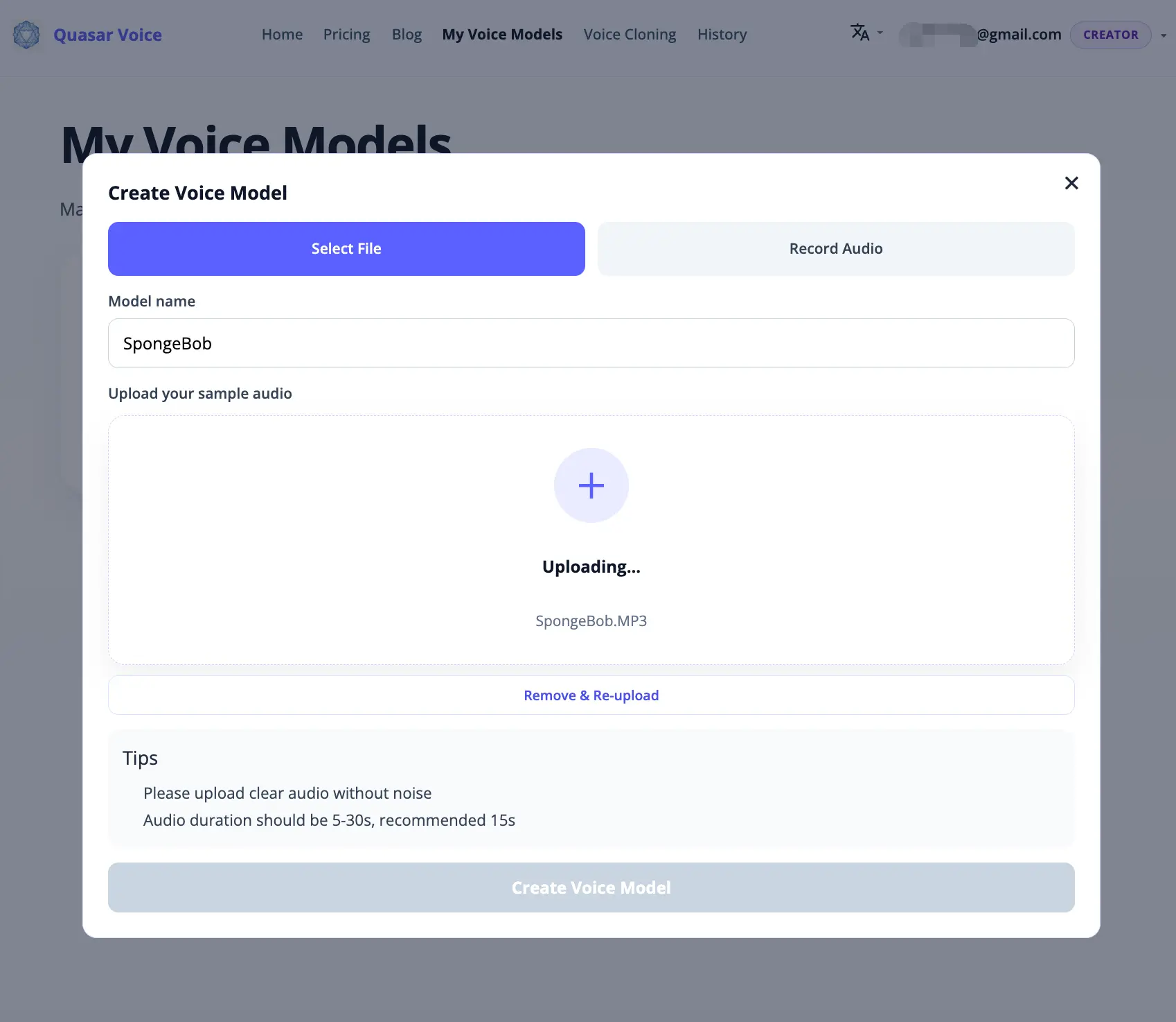 Voice model creation page on Quasar Voice showing audio upload and model generation