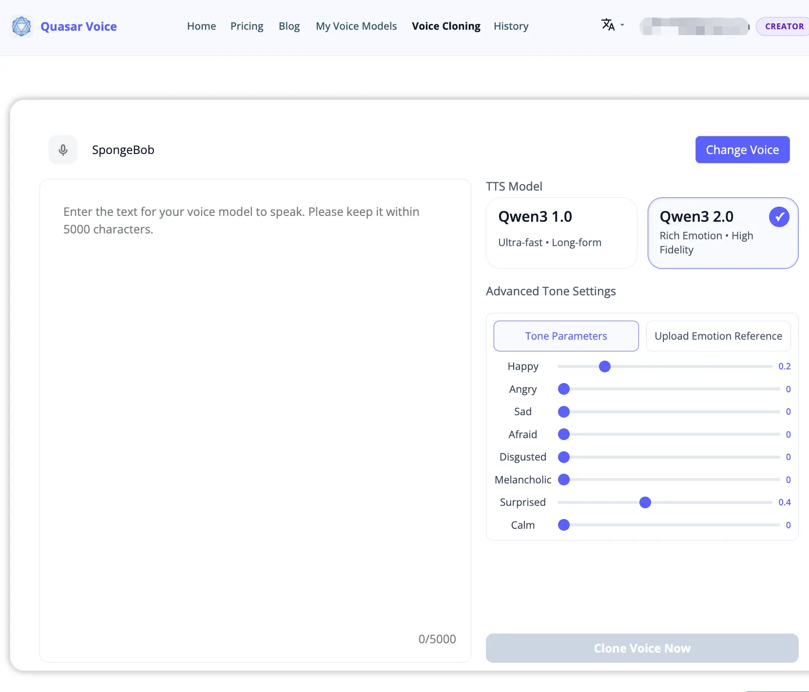 Voice cloning page with text input model selection and advanced emotion tone sliders