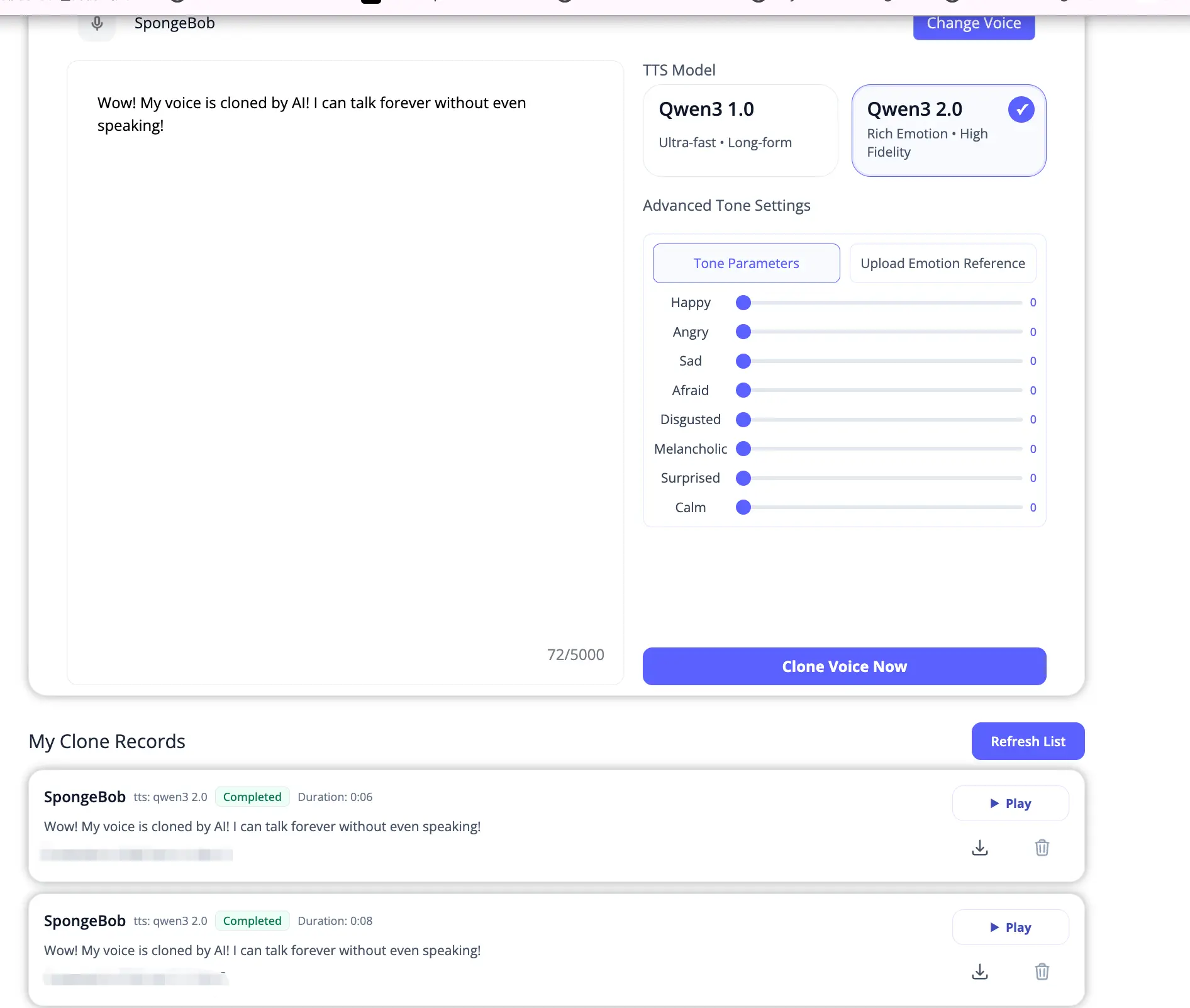 Completed voice clone with audio playback controls and download button