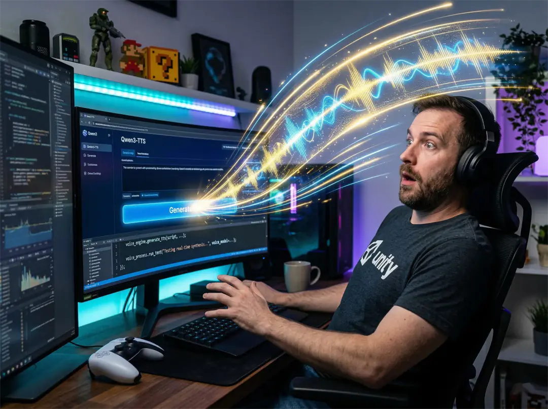 A male developer is blown away by the real-time speed of Qwen3TTS, as clicking the generate button instantly releases a glowing, futuristic soundwave, showcasing ultra-low latency voice cloning.